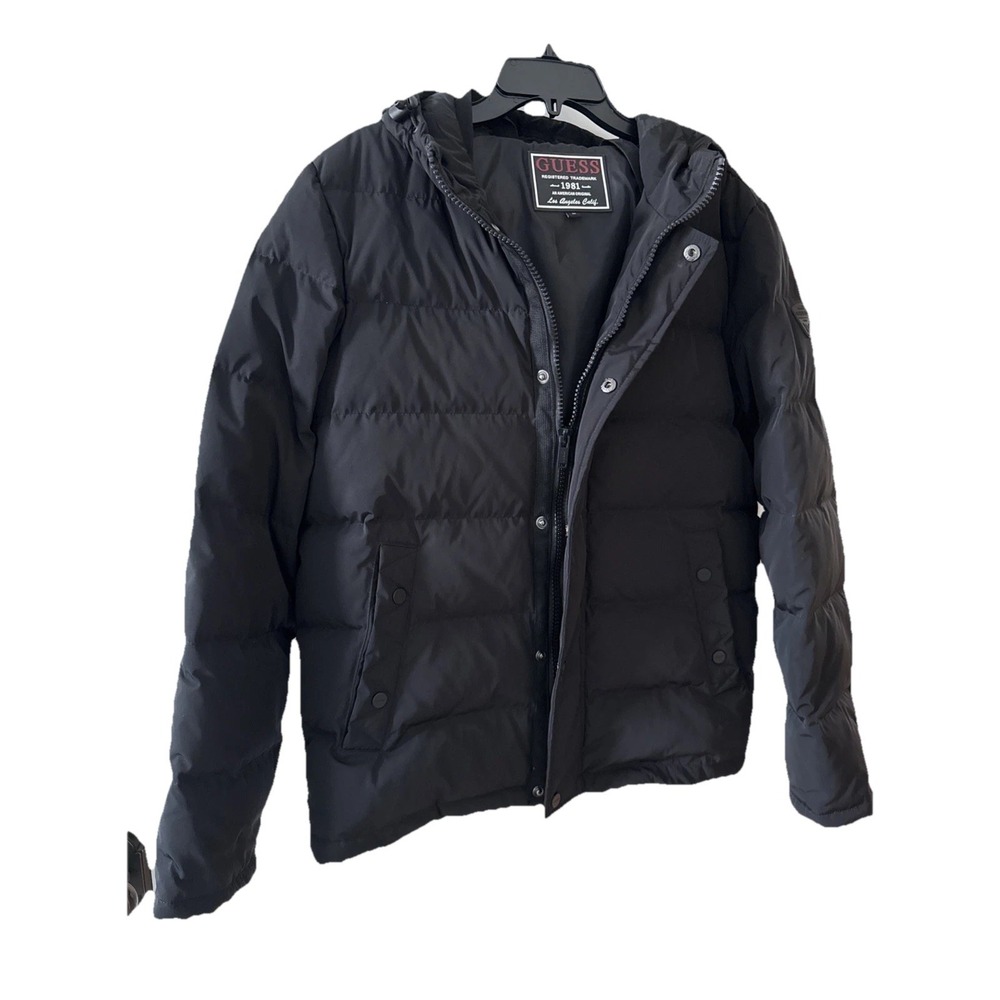 GUESS Men's Black Hooded Puffer Jacket Goose Down Filled — Size‎ M Winter Warm